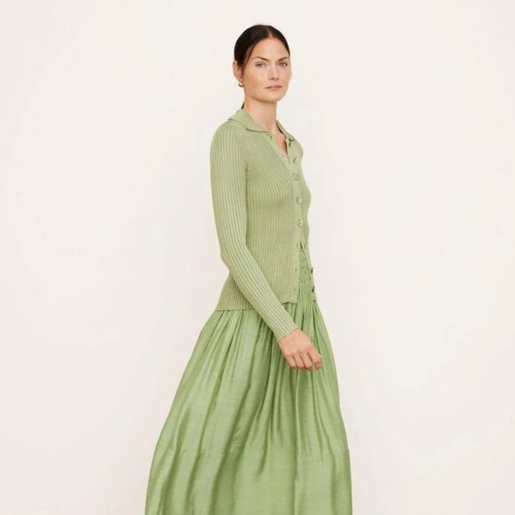 Vince Ribbed Collar Green Cardigan Sweater - Picture 2 of 7